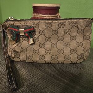 GUCCI Vintage Classic GG Brown Monogram Wristlet With Leather Strap